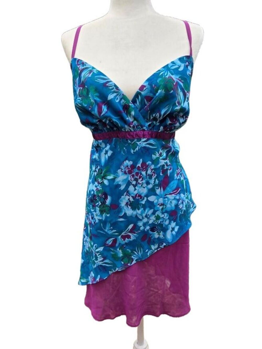 Blue Floral Chiffon Slip Dress 2X Y2K Fairycore Cami Asymmetrical Hem Whimsy